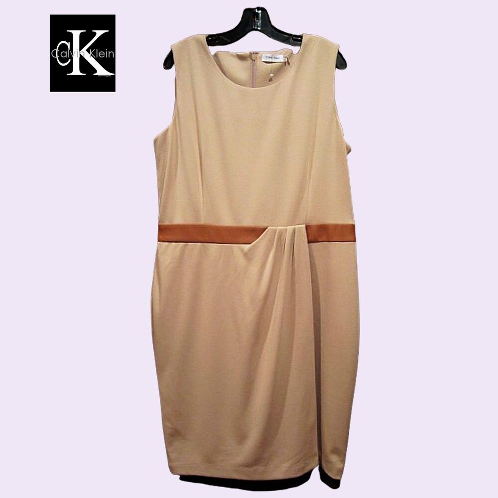 Calvin Klein NEW Minimalist Faux Leather Tab Belt Sheath Dress 16 NWT